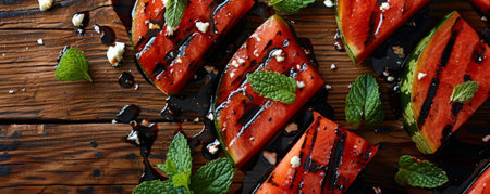 Grilled watermelon slices with charred lines, with a balsamic reduction drizzle, garnished with fresh mint and crumbled feta cheese.ai generatedの素材