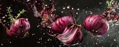 Grilled red onions with charred edges, floating in mid-air with a splash of balsamic vinegar, garnished with fresh thyme and sea salt.ai generatedの素材