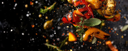 Grilled vegetable medley with char marks, flying in the air with olive oil and herbs.ai generatedの素材