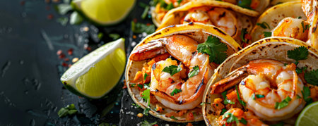 Grilled shrimp tacos with char marks, with lime wedges and cilantro.ai generatedの素材