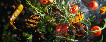 Grilled vegetable medley with char marks, flying in the air with olive oil and herbs.ai generatedの素材