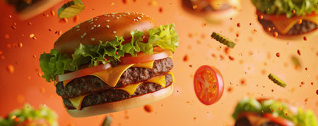 Juicy grilled burgers with melted cheese, floating in mid-air with lettuce, tomato, and pickles.ai generatedの素材