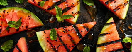 Grilled watermelon slices, floating in mid-air with honey drizzle and mint.ai generatedの素材