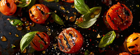 Grilled tomatoes with char marks, floating in mid-air with olive oil and basil.ai generatedの素材