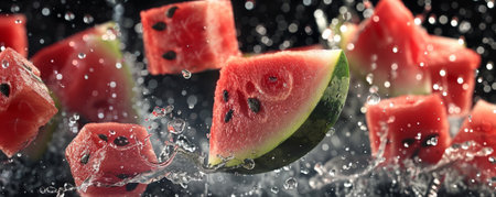 Juicy watermelon slices and cubes flying in mid-air with water droplets, showing their refreshing and hydrating qualities.ai generatedの素材