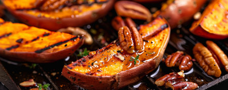Grilled sweet potato wedges with crispy edges, floating with a honey drizzle, garnished with a sprinkle of cinnamon and chopped pecans.ai generatedの素材