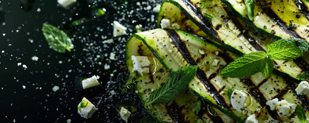 Grilled zucchini ribbons with charred lines, flying in mid-air with a drizzle of lemon olive oil, topped with crumbled feta and fresh mint.ai generatedの素材