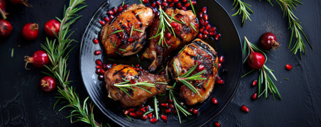 Grilled quail with golden-brown, crispy skin, flying with a pomegranate glaze, garnished with fresh rosemary and pomegranate arils for a festive touch.ai generatedの素材