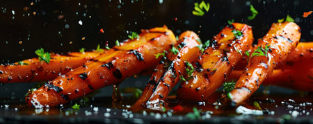 Grilled carrots with charred edges, floating in mid-air with a honey and thyme glaze, garnished with chopped parsley and a sprinkle of sea salt.ai generatedの素材