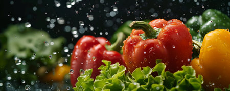 Fresh vegetables such as tomatoes, bell peppers, and lettuce leaves, floating in the air with water droplets, showing their freshness and vitality.ai generatedの素材