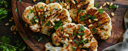 Grilled cauliflower steaks with crispy, charred edges, flying with a tahini drizzle, garnished with pine nuts and chopped parsley.ai generatedの素材