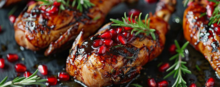Grilled quail with golden-brown, crispy skin, flying with a pomegranate glaze, garnished with fresh rosemary and pomegranate arils for a festive touch.ai generatedの素材
