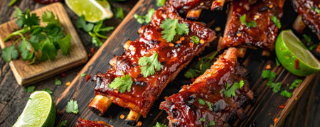 Grilled baby back ribs with smoky, charred edges, flying with a barbecue sauce glaze, garnished with fresh cilantro and lime wedges.ai generatedの素材