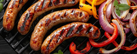 Freshly grilled bratwurst sausages with crispy edges, flying with a drizzle of spicy mustard, accompanied by grilled onions and bell peppers.ai generatedの素材