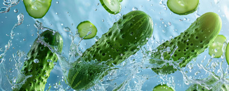 Fresh, green cucumbers floating in mid-air, droplets of water glistening on their surface, showing their refreshing and hydrating qualities.ai generatedの素材