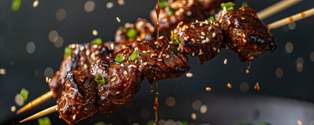 Grilled beef skewers with juicy, charred meat, flying in mid-air with a soy ginger glaze, garnished with sesame seeds and green onions.ai generatedの素材