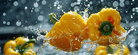 Fresh, yellow bell pepper slices floating in mid-air, droplets of water glistening on their surface, showing their sweet and crisp texture.ai generatedの素材