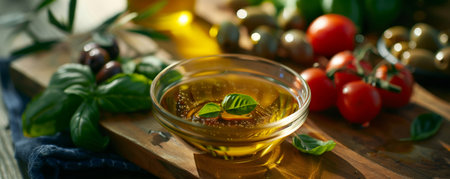 Freshly pressed golden olive oil in a bowl, surrounded by olives, tomatoes, and basil leaves, set against a rustic kitchen background, highlighting its natural and fresh quality.ai generatedの素材