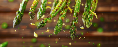 Grilled asparagus spears, floating in mid-air with lemon zest and parmesan shavings.ai generatedの素材