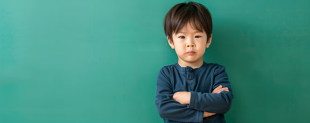 Unhappy toddler Japanese boy against a green background banner with copy space.ai generatedの素材
