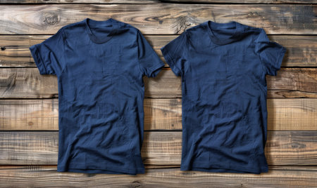 Two blank t-shirts in deep navy blue, front and back view, laid flat on a rustic wooden surface. The texture and shadows emphasize the fabric quality, ideal for showcasing branding designs.ai generatedの素材