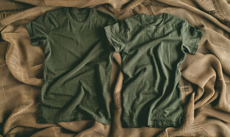 Two blank t-shirts in forest green, front and back view, displayed on a burlap texture background. The natural texture adds a rustic feel, suitable for eco-friendly branding themes.ai generatedの素材