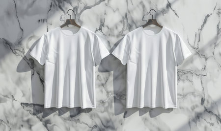 Two blank t-shirts in solid white, front and back view, displayed on a marble texture background, with soft shadows. One t-shirt hanging slightly higher than the other, perfect for branding mockups.ai generatedの素材