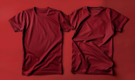 Two blank t-shirts in burgundy, front and back view, on a smooth velvet background. The rich, luxurious texture enhances the t-shirts, making them ideal for elegant branding presentations.ai generatedの素材