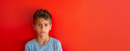 Unhappy school-age Brazilian boy against a red background banner with copy space.ai generatedの素材