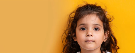 Unhappy preschooler Arabian girl against a yellow background banner with copy space.ai generatedの素材