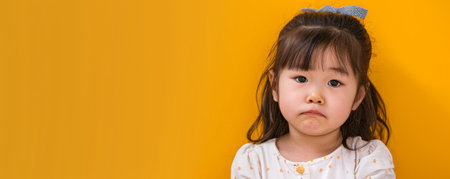 Unhappy preschooler Japanese girl against a yellow background banner with copy space.ai generatedの素材