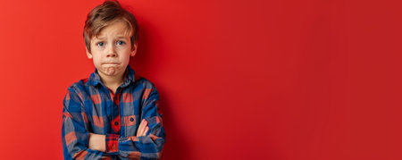 Unhappy school-age Caucasian boy against a red background banner with copy space.ai generatedの素材