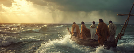 The miracle of Jesus walking on water towards His disciples' boat. The calm in Jesus contrasts with the stormy sea and the fearful disciples.ai generatedの素材