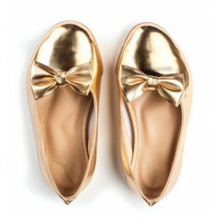 Gold metallic ballet flats with a bow on the toe, isolated on white background.ai generatedの素材