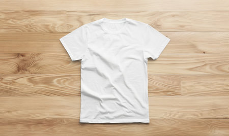 White t-shirt mockup displayed on a light maple wood surface, with a smooth and bright finish, perfect for fresh and contemporary branding.ai generatedの素材