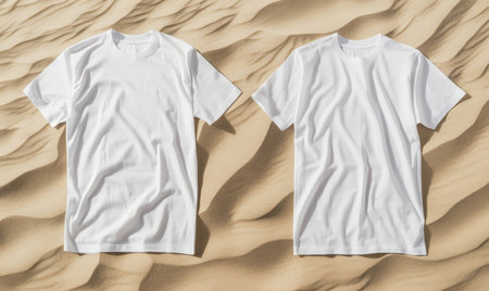 Two blank t-shirts in pure white, front view, set against a soft sand texture background. The natural, calming texture enhances the simplicity of the t-shirts, perfect for minimalist branding.ai generatedの素材