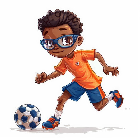 A cartoon soccer player with glasses, wearing an orange jersey and blue shorts, controlling the ball with skill, isolated on white backgroundの素材