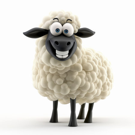 A cartoon 3D happy sheep with fluffy wool and a bright smile, standing and looking happy, isolated on white background.の素材