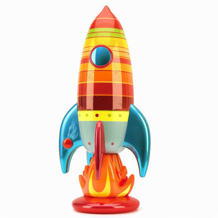 A colorful toy rocket ship with flames at the bottom, isolated on white background.の素材