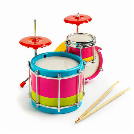 A colorful toy drum set with drumsticks, isolated on white background.の素材
