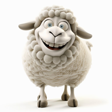 A cartoon 3D happy sheep with fluffy wool and a bright smile, standing and looking happy, isolated on white background.の素材