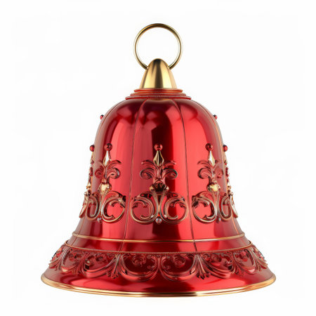 A shiny red Christmas bell with detailed engravings, isolated on white background.の素材