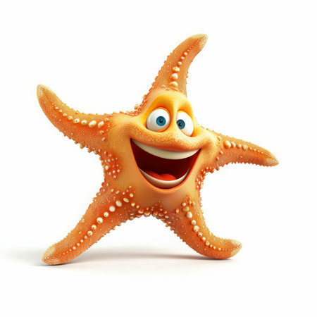 A cartoon 3D happy starfish with a big smile and five arms, lying flat, isolated on white background.の素材
