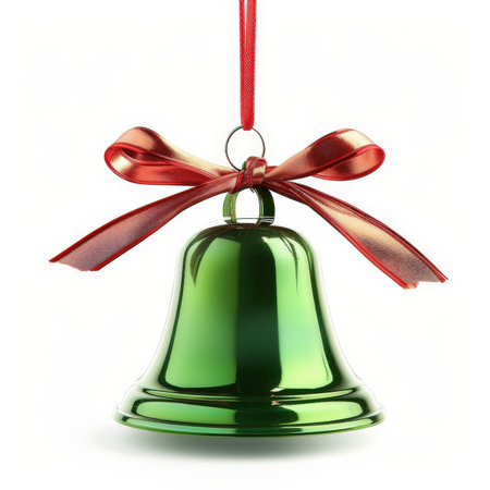 A shiny green Christmas bell with a red ribbon, isolated on white background.の素材