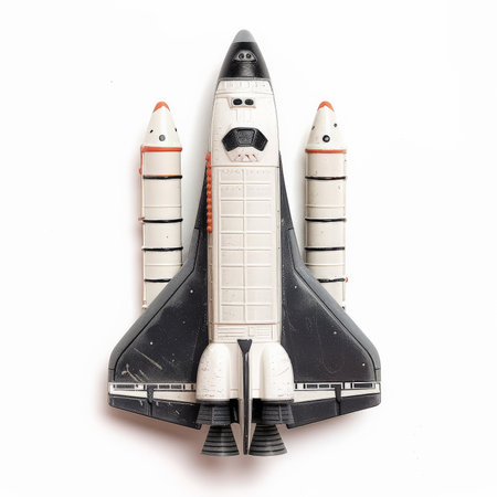 A toy space shuttle with detachable parts, isolated on white background.の素材