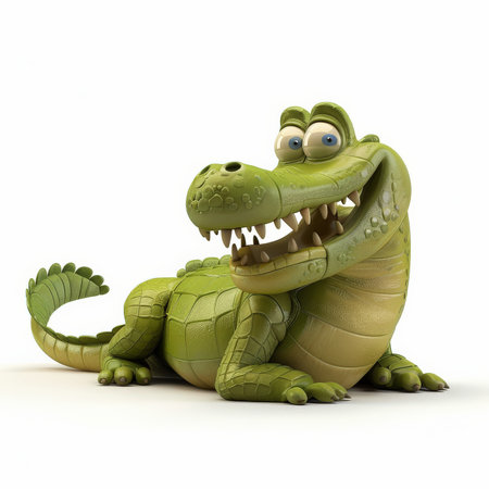 A cartoon 3D happy alligator with a big grin and sharp teeth, lying down with its tail curled, isolated on white background.の素材