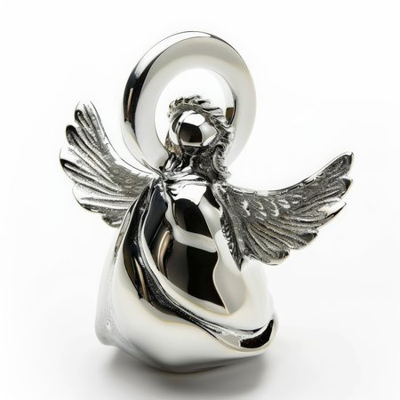 A glistening silver Christmas angel ornament with a delicate halo, isolated on white background.の素材
