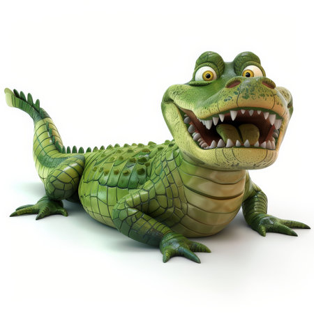 A cartoon 3D happy alligator with a big grin and sharp teeth, lying down with its tail curled, isolated on white background.の素材