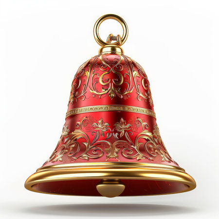 A shiny red Christmas bell with detailed engravings, isolated on white background.の素材