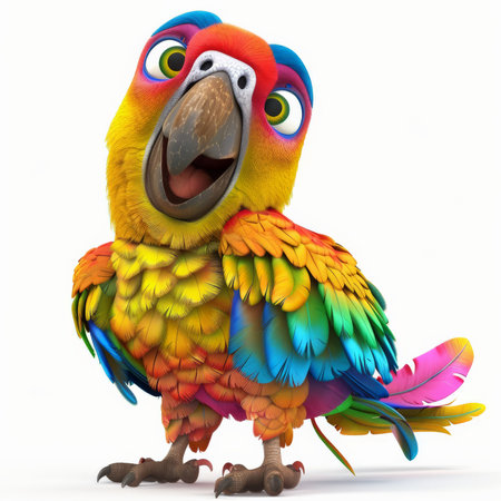 A cartoon 3D happy parrot with colorful feathers and a big smile, sitting on a perch, isolated on white background.の素材